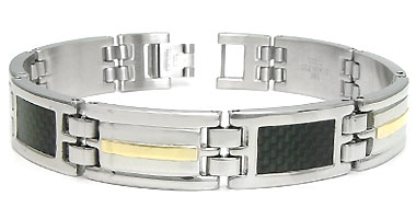 Stainless Steel Carbon Fiber Bracelet w/ Gold Stripe Accent