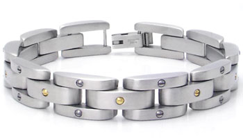 Stainless Steel Link Men's Bracelet w/ Two Tone Screw Accents