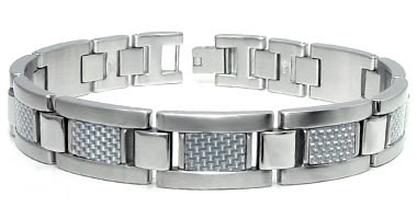 Stainless Steel Silver Carbon Fiber Link Bracelet