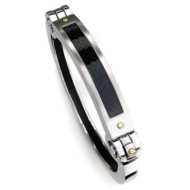 Stainless Steel Carbon Fiber Cuff Bracelet w/ 18K Gold Accent