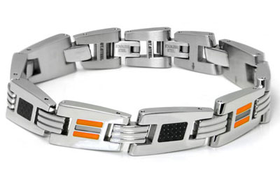 LAMBORGHINI Stainless Steel Carbon Fiber Bracelet w/ Orange Crystals