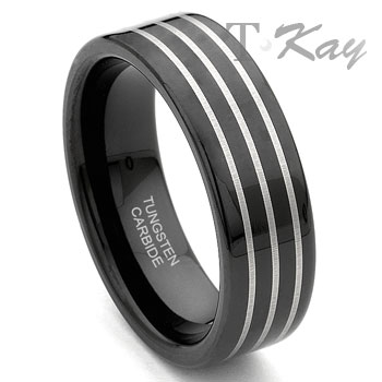 Black Tungsten Carbide Wedding Band Ring w/ 3 Grooves