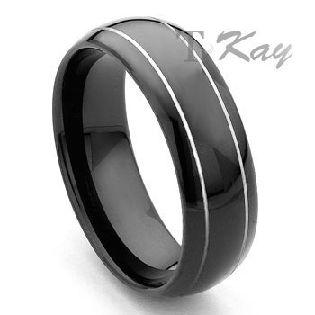 Black Tungsten Carbide Dome Wedding Band Ring w/ Grooves