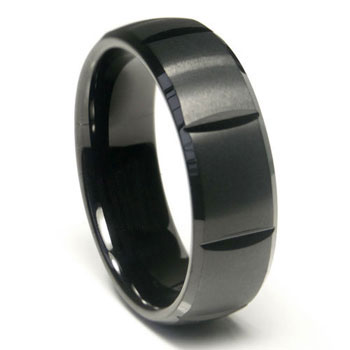 Black Tungsten 8MM Dome Wedding Band Ring w horizontal grooves