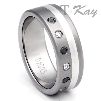 Titanium Silver Inlay Black Diamond Wedding Ring