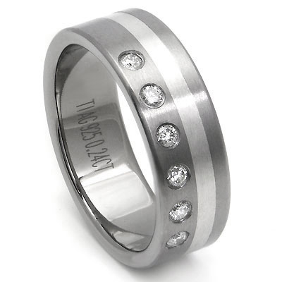 Titanium Silver Inlay Diamond Wedding Ring
