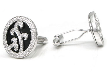 14K White Gold Diamond & Onyx Oval Cufflinks