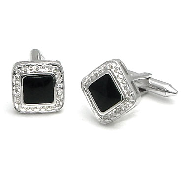 14K White Gold Diamond Onyx Square Cufflinks