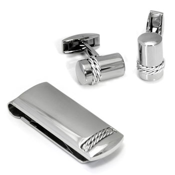 Colibri STATIC Stainless Steel Money Clip Cufflinks /w Silver Ropes Gift Set