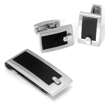Colibri ELEMENT Stainless Steel Diamond Money Clip Cufflinks Gift Set