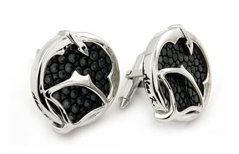 Sterling Silver Hematite Organic Stingray Leather Round Cufflinks