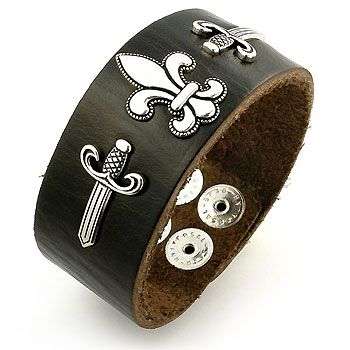 Sterling Silver Fleur-de-lis & Sword Leather Biker Bracelet