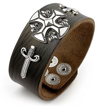 Sterling Silver Iron Cross & Sword Leather Biker Bracelet