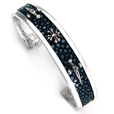 Sterling Silver Hematite Organic Stingray Leather Cross & Sword Cuff Bracelet
