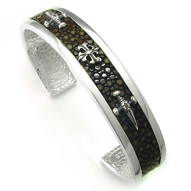 Sterling Silver Mocha Organic Stingray Leather Cross & Sword Cuff Bracelet