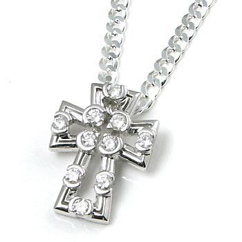 14K White Gold Diamond Gothic Cross Pendant w/ Curb Chain