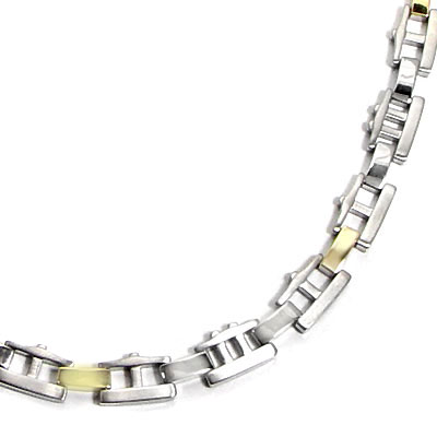 "A sophisticated stainless steel men's necklace chain from NITROGEN collection with 14 KT gold inlaid connecter links.  It's length is 20 inches.  We also offer a matching bracelet."