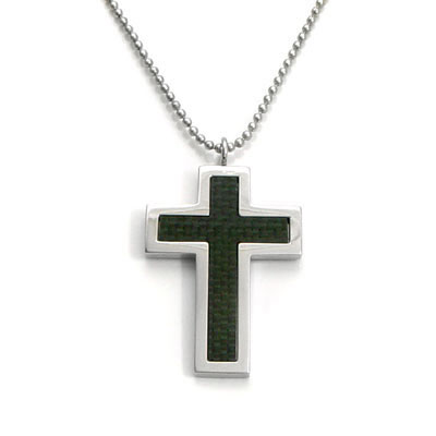 Nitrogen Stainless Steel Carbon Fiber Cross Pendant w/ Bead Chain