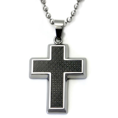 Stainless Steel Carbon Fiber Christian Cross Pendant w/ Bead Chain