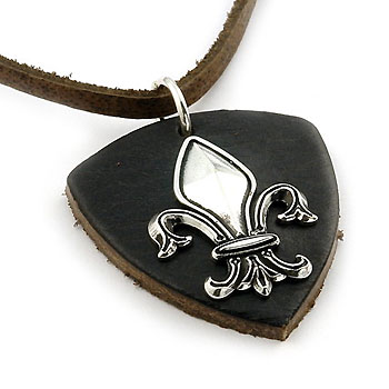 Sterling Silver Fleur-de-lis Biker Leather Pendant w/ Adjustable Cord