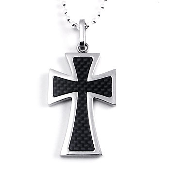 Stainless Steel Carbon Fiber Iron Cross Pendant w/ Bead Chain