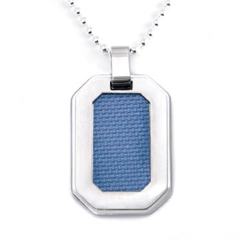 Stainless Steel Blue Carbon Fiber Dog Tag Pendant w/ Bead Chain