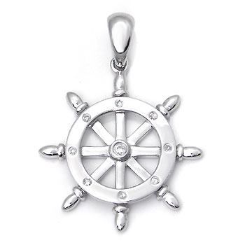 14K White Gold Bezel Diamond Helm Pendant w/ Rolo Chain