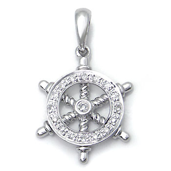 14K White Gold Pave Diamond Helm Pendant w/ Rolo Chain
