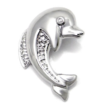 14K White Gold Diamond Dolphin Pendant w/ Rolo Chain