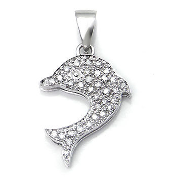 14K White Gold Pave Diamond Dolphin Pendant w/ Rolo Chain