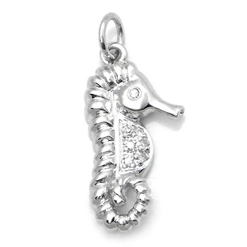 14K White Gold Diamond Seahorse Pendant w/ Rolo Chain
