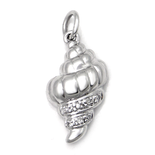 14K White Gold Diamond Gastropods Shell Pendant w/ Rolo Chain