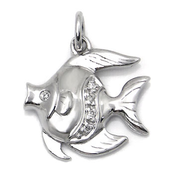 14K White Gold Diamond Angel Fish Pendant w/ Rolo Chain