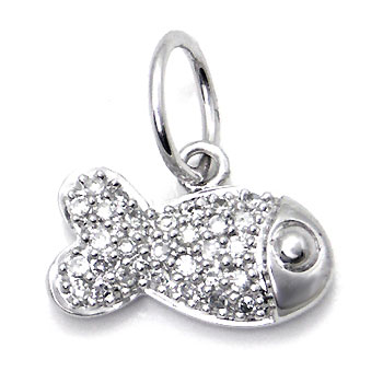 14K White Gold Diamond Cartoon Fish Pendant w/ Rolo Chain
