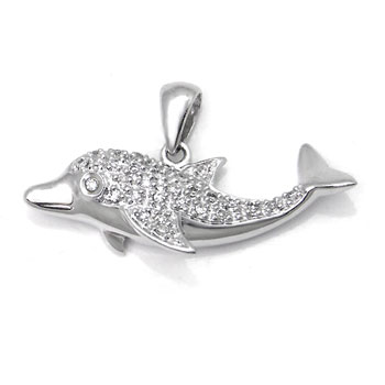 14K White Gold Dolphin Diamond Pendant w/ Rolo Chain