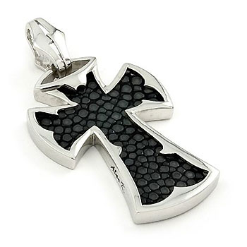 Sterling Silver Hematite Organic Stingray Leather Iron Cross Pendant