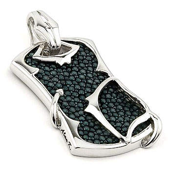 Sterling Silver Hematite Organic  Stingray Leather Dog Tag Pendant w/ Bead Chain