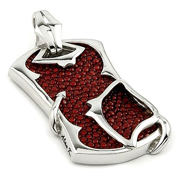 Sterling Silver Red Organic Stingray Leather Dog Tag Pendant w/ Bead Chain