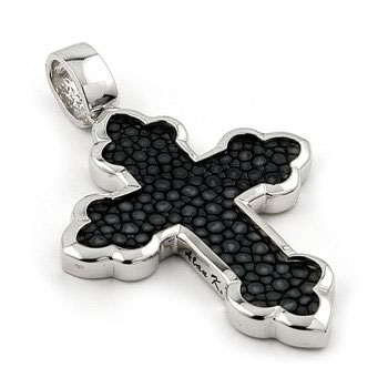 Sterling Silver Hematite Organic Stingray Leather Eastern Cross Pendant