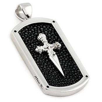 Sterling Silver Hematite Organic Stingray Leather Sword Dog Tag Pendant w/ Bead Chain