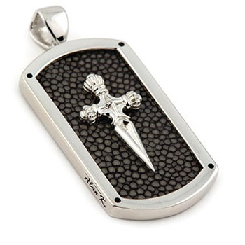 Sterling Silver Mocha Organic Stingray Leather Sword Dog Tag Pendant w/ Bead Chain