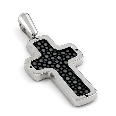 Sterling Silver Hematite Organic Stingray Leather Christian Cross Pendant