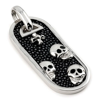 Sterling Silver Hematite Stingray Leather Skull Dog Tag Pendant