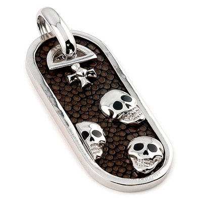 Sterling Silver Mocha Stingray Leather Skull Dog Tag Pendant