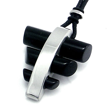 Manuel.Zed Stainless Steel Onyx Pendant w/ Leather Cord