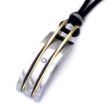 Manuel.Zed Stainless Steel 18K Gold Diamond Pendant w/ Leather Cord