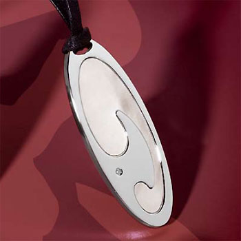 Saigon Stainless Steel Mother of Pearl Diamond Oval Pendant w/ Leather cord
