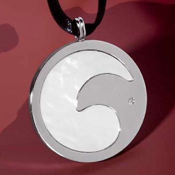 Saigon Stainless Steel Mother of Pearl Diamond Pendant w/ Leather cord