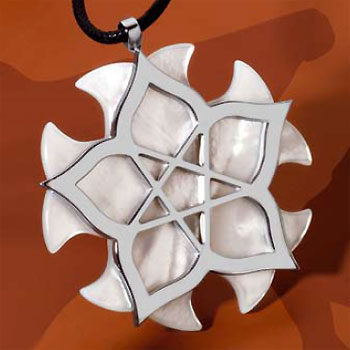 Shanghai Stainless Steel Mother of Pearl Flower Pendant w/ Leather Cord