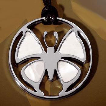 Maui Stainless Steel Mother of Pearl Butterfly Pendant w/ Leather Cord
